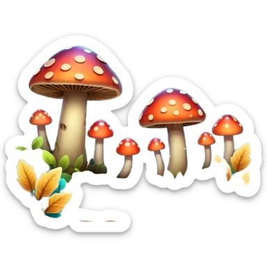 A stylized fantasy forest with glowing mushrooms and colorful leaves. sticker