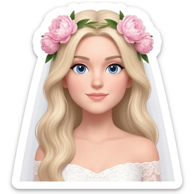 White bride with long light blonde hair and blue eyes with light pink peonies in hair white skin  sticker