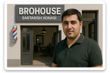 eni shu rasimga manashu odamga uxhshasin sartaosh eshik oldida tursin va tashqarida esa mijoz rasm esa 16 ga 9 bulsin 1920x1080 sticker