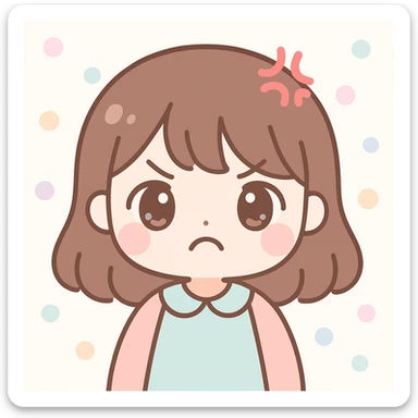 kawaii anime girl with brown hair, angry expression, pastel colors sticker