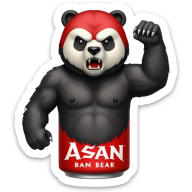 an adult energy drink with picture of a angry face bear and ASAN written on it sticker