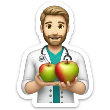 A male nutritionist with a full beard and dark blonde hair and white skin holding an apple in his hand. sticker