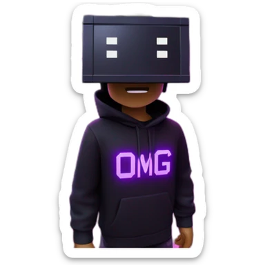 Minecraft steve wearing a black hoodie with "OMG" letters on it and VR headset in a cyberpunk VR environment with violet neon lighting. sticker