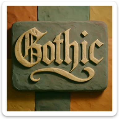 the word 'Gothic' in ornate gothic calligraphy, claymation style sticker