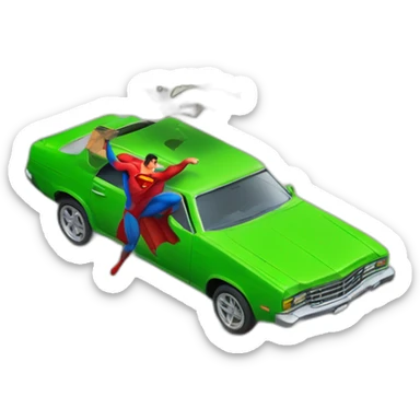 Superman lifting up a green sedan and smashing it into a wall sticker
