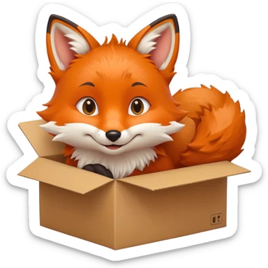 smiling fox curled in a box, gazing up with playful eyes, emoji style sticker