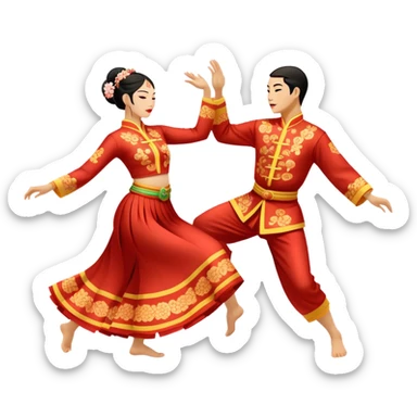 Cinematic Realistic scene of two performers executing a traditional Vietnamese folk dance, adorned in intricately patterned traditional costumes, captured in fluid motion with soft, culturally rich lighting sticker