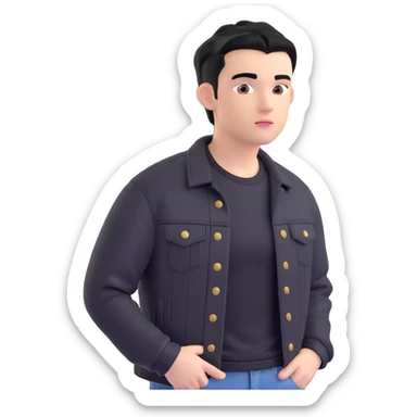 3D emoji Microsoft style, young man with black hair, wearing black t-shirt and black denim jacket, based on photo reference, neutral facial expression sticker