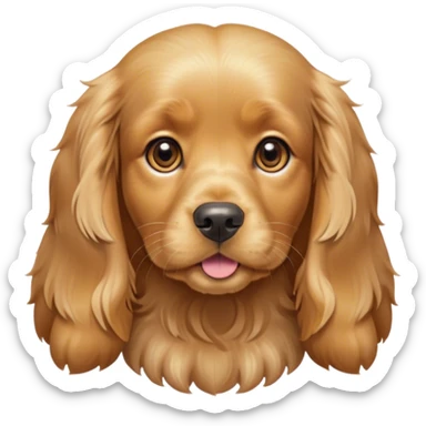 Cinematic Cute Gold Cocker Spaniel Portrait Emoji, Head tilted playfully and inquisitively, showcasing a silky, golden coat with a natural sheen, round, sparkling brown eyes filled with curiosity, Simplified yet irresistibly adorable features, highly detailed, glowing with a warm, friendly glow, high shine, affectionate and lively, stylized with a touch of whimsy, bright and endearing, soft glowing outline, capturing the essence of a mischievous yet loving pup, so playful it feels like it could bound out of the screen and into your arms! sticker