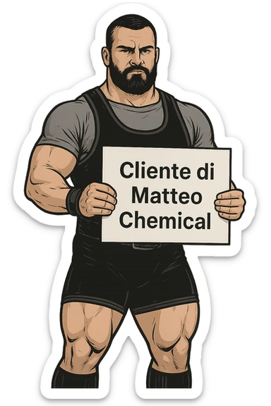 Powerlifter con in mano una targa o un foglio con scritto "Cliente di Matteo Chemical" sticker