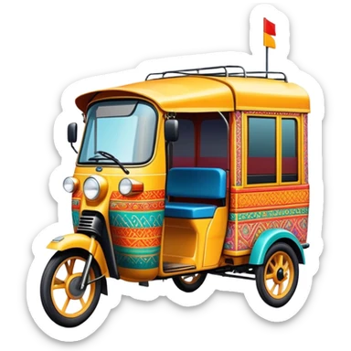 Cinematic Realistic image of a colorful auto rickshaw, rendered with detailed textures and lively, bold hues, set on a bustling urban street with dynamic, vibrant lighting that emphasizes its iconic role sticker