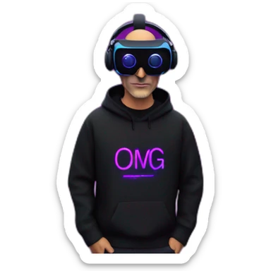 Steve Jobs wearing a black hoodie with "OMG" letters on it and VR headset in a cyberpunk VR environment with violet neon lighting. sticker