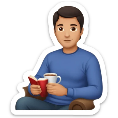 Handsome 45 year old man with dark hair sitting by a fireplace with a hot drink and a book. sticker
