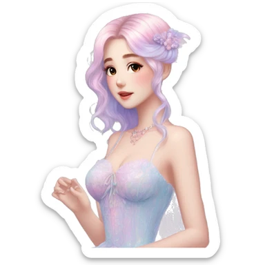gorgeous pretty attractive lady beautiful pastel-gradient hair with gorgeous dress fairycore cottagecore pastelcore detailed high quality trending VOGUE aesthetic full body sticker sticker