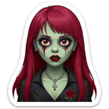 vampira gótica parda zumbi de cabelo longo e vermelho escuro e franja e roupa com decote e batom preto sticker