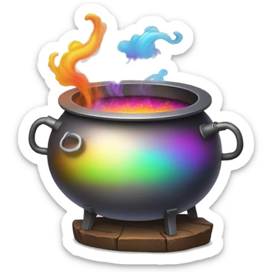 Cauldron with rainbow potion and white steam, under the kettle are fire sticker