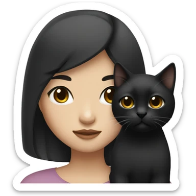 Asian girl with black eyes color and black hair holding black cat sticker
