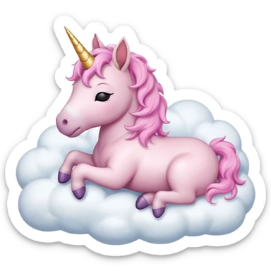 Small adorable baby unicorn, asleep on a white fluffy cloud, isolated  sticker