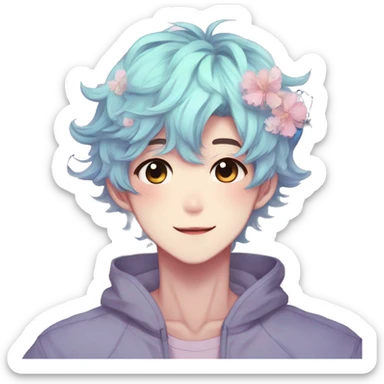 Gorgeous pastel anime style shojo man with blushing face and butterflies aesthetic and pretty hair trending style sticker