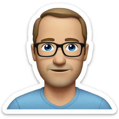 45-year-old man with a slightly round face, brown hair with a small central crest and a slightly receding hairline. He has blue eyes, subtle stubble, and wears a  shirt and round black glasses sticker