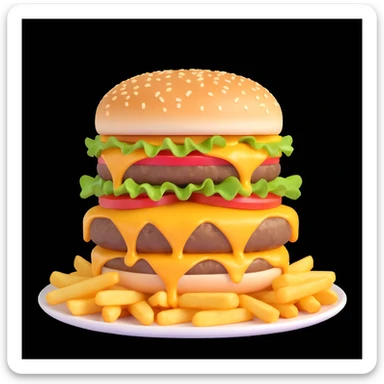 juicy triple-patty cheeseburger with melting triple cheese, crispy golden French fries on the side, hot steam rising from the food, fresh, delicious, sizzling hot, appetizing cartoon emoji style, high detail, bright colors sticker