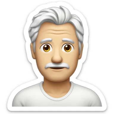 Unsure european shaved guy in his fifties with mid long white hair wearing a shirt sticker