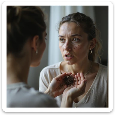 hyperrealistic 4K detailed image of a woman with PCOS sitting in front of a mirror, face with acne and facial hair, shocked expression looking at a clump of hair fallen in her hand, visibly thinning hair on temples and top of head, domestic environment sticker
