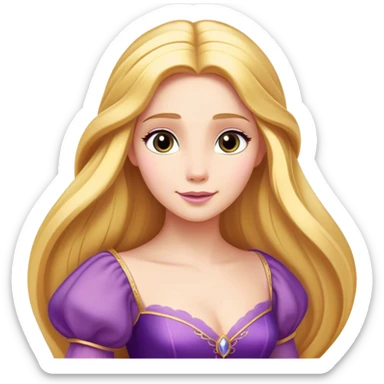 Cinematic Majestic Rapunzel Portrait Emoji, rendered in a clean, vector-style with bold, simplified shapes. Show Rapunzel with a serene, graceful expression, luminous fair skin, and elegantly styled long golden hair, accented by her classic purple gown. The design radiates a majestic, dreamlike glow with high shine and a soft glowing outline, embodying regal beauty. sticker