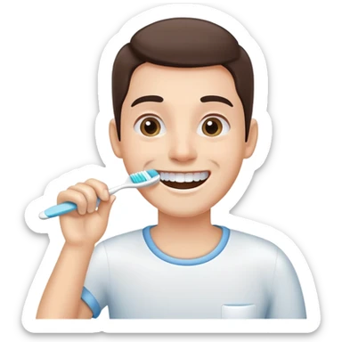 person brushing their teeth, smiling, holding a toothbrush, simple and expressive sticker