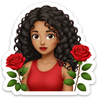 Olive brown eyed women with black long curly hair rose background red top sticker