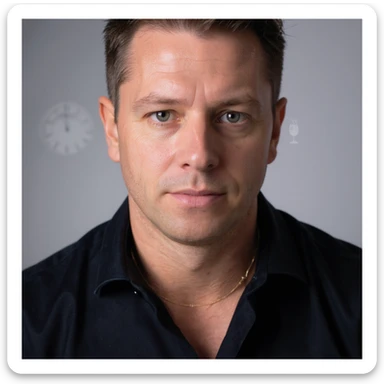 Vertical portrait, only the man's face in a realistic style with a serene expression. Include symbols of a clock or hourglass next to the face to represent fasting time. The atmosphere should convey waiting and regeneration. sticker