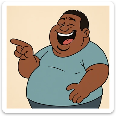 a fat black man pointing and laughing, expressive, friendly, cartoon style sticker