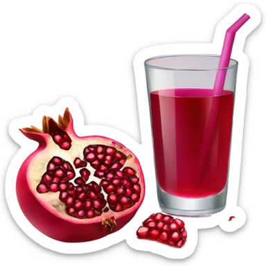a glass of pomegranate juice with a slice of pomegranate beside it, a straw in it sticker