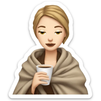 white girl inside a blanket sipping coffee eyes closed light brown short hair sticker