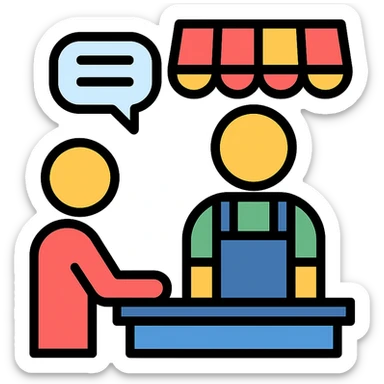 friendly style illustration of a person talking to a shopkeeper at a counter sticker