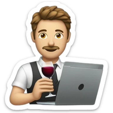 A man working at the computer while he is drinking wine sticker