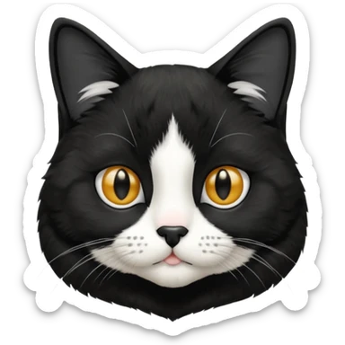 A tuxedo cat, top half body, a black mark near his mouth under the nose sticker