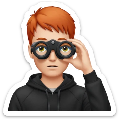 A red-haired, short-haired man without a beard, wearing a black hoodie, looks through binoculars sticker