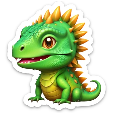 Cinematic Cute Iguana Portrait Emoji, Head tilted playfully and inquisitively, featuring a delightfully vibrant, textured body with a subtle spiky crest and large, sparkling eyes full of gentle wonder, Simplified yet irresistibly adorable features, highly detailed, glowing with a warm, inviting jungle glow, high shine, affectionate and lively, stylized with a touch of whimsical reptilian charm, soft glowing outline, capturing the essence of a mischievous yet loving iguana that seems as if it could scurry out of the screen into your arms! sticker