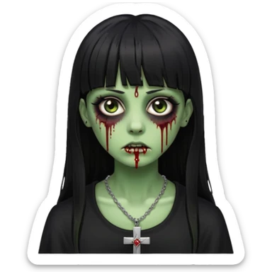Zumbi verde com olhos castanhos aspecto de que tá sangrando, uma franja reta com cabelo preto um piercing do lado esquerdo do nariz, roupa preta e crucifixo como colar, e também delineador sticker