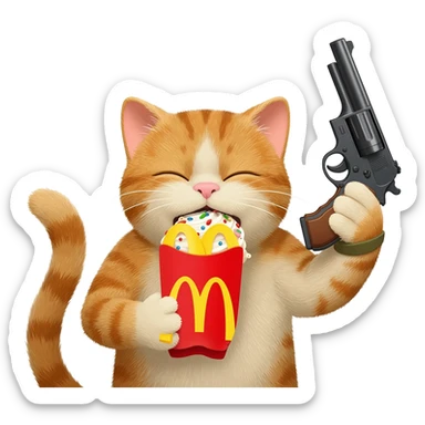 Make an american cat eating mcdonald's desert eagle in hand fighting in world war two sticker