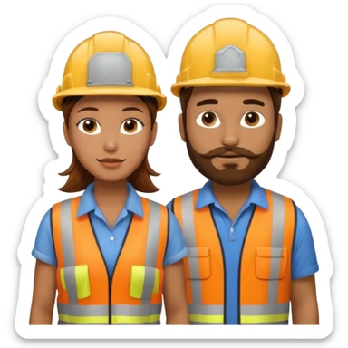 me haces una mujer pelo marron y un hombre con barba , que ambos esten vestidos como constructores de obra  sticker
