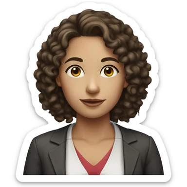 A young female teacher with dark brown shoulder length curly hair. They have blue eyes and no glasses. sticker