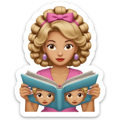 mujer en la peluquería con rulos en la cabeza y leyendo una revista, estilo vintage sticker