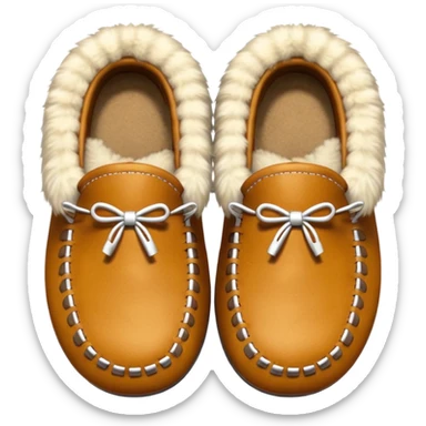 tan moccasins with decorative design and fluffy fur sticker