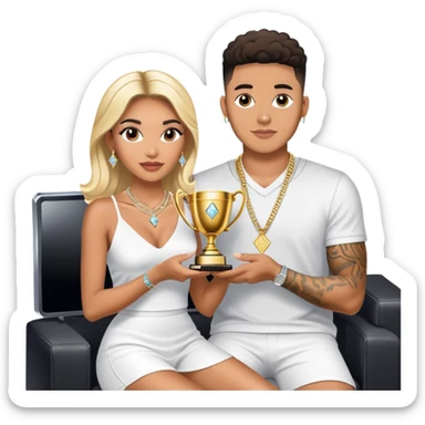 Internet celebrity Josh King Madrid jetset wearing shiny diamond earrings and sparkly iced out diamond tennis necklace chains with Instagram model girl tefi valenzuela sitting with him holding gold internet celebrity trophy on tv show in Miami sticker
