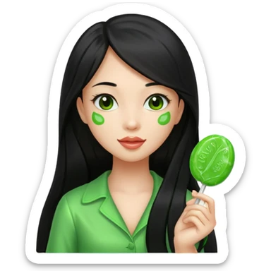 A girl with long black hair holding a piece of green hard candy in one hand and a green candy wrapper showing a guava on it in the other hand sticker