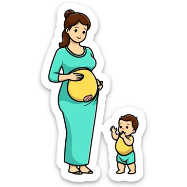 woman with small baby bump, just showing pregnancy sticker