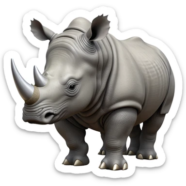 cinematic-rhino-realistic-full-body-standing-emoji,-massive-armored-body-poised-powerfully,-thick-horn-curving-slightly-forward,-head-tilted-dramatically,-rough-grey-hide-covered-in-dust,-simplified-yet-realistic-focused-features,-highly-detailed,-glowing-with-an-almost-sarcastic-glow sticker