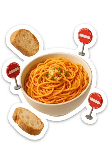 bowl di pasta e fettine di pane che fluttuano in aria con piccoli divieti 3d, sfondo bianco, iperrealistico 4k sticker